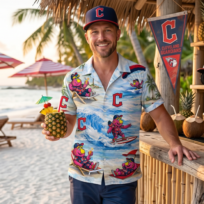 Camisa hawaiana unisex abotonada "Viber" de CG Baseball con mascota de playa para hombre y mujer
