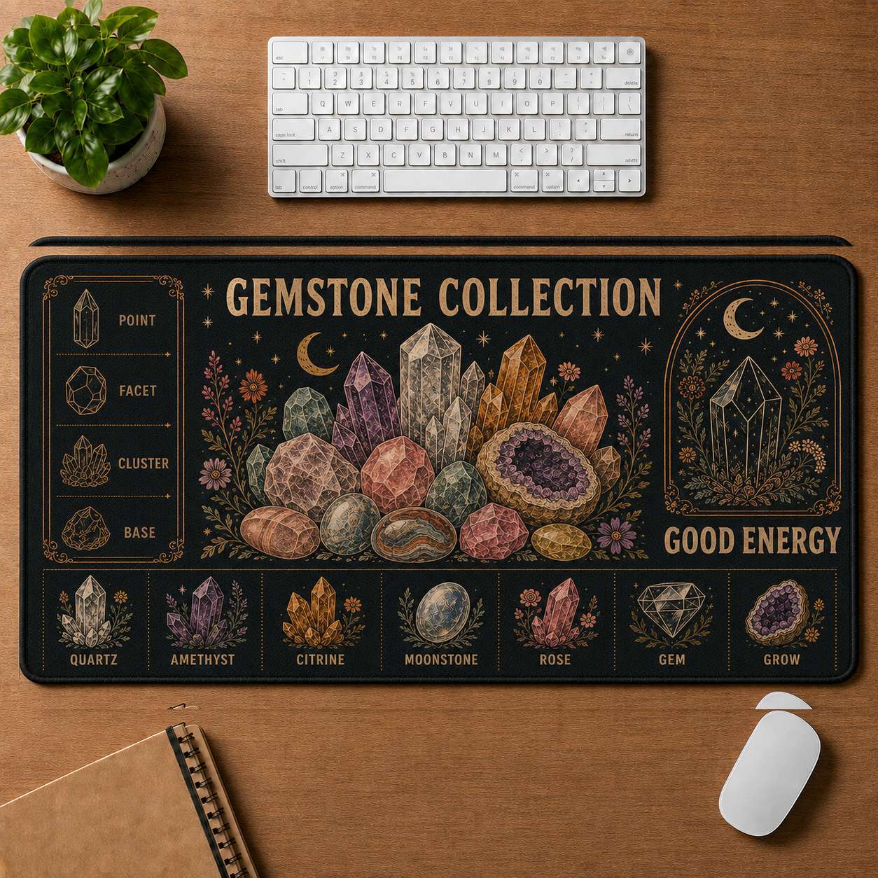 Crystal & Flowers Hippie Desk Mat Mouse Pad | 5To9Vibe - Gemstone Collection style