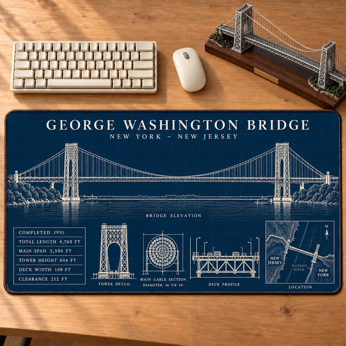 Iconic American Bridges Blueprint Desk Mat Mouse Pad Trending - 5to9vibe