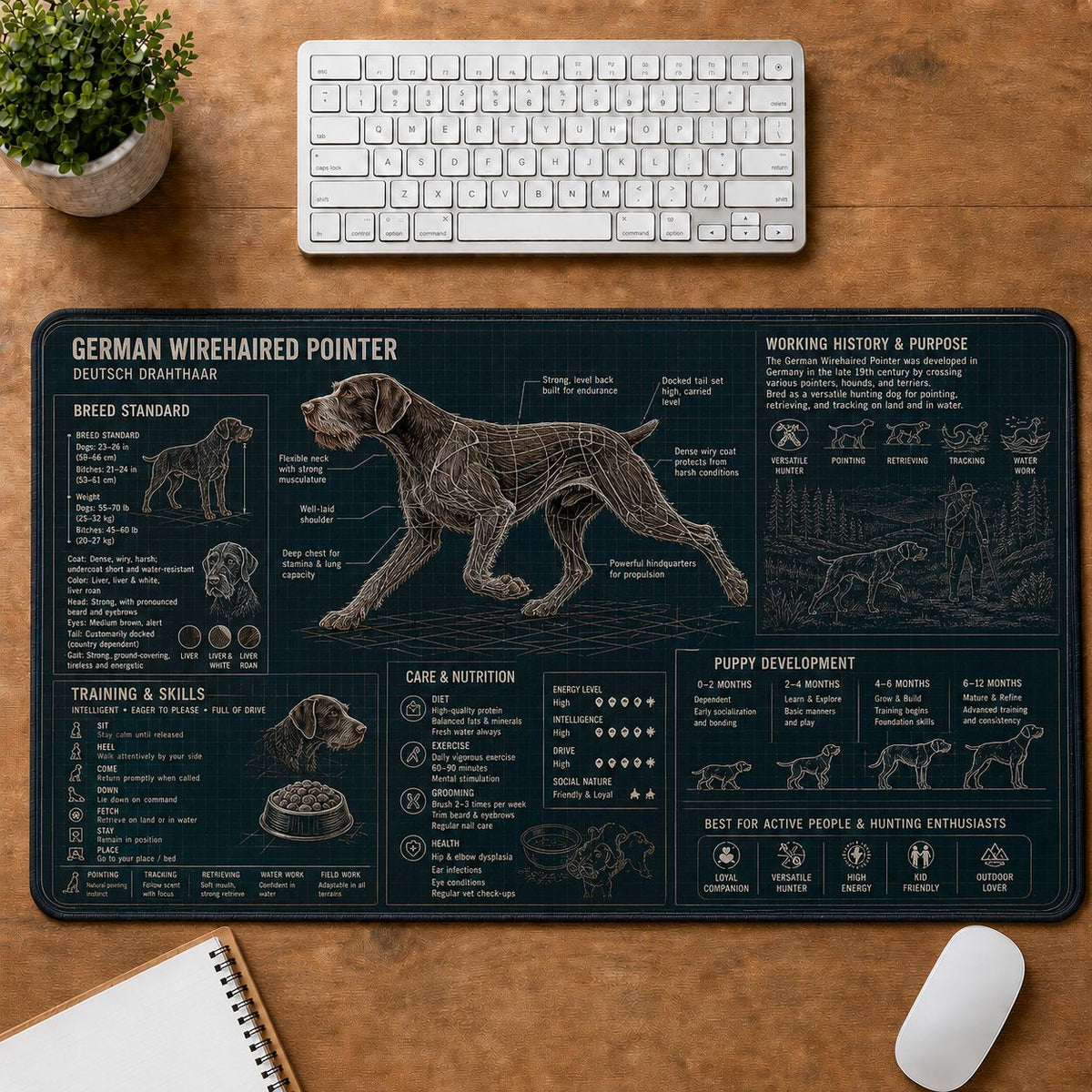 German Wirehaired Pointer Dog Breed Visual Guide Desk Mat | 5To9Vibe
