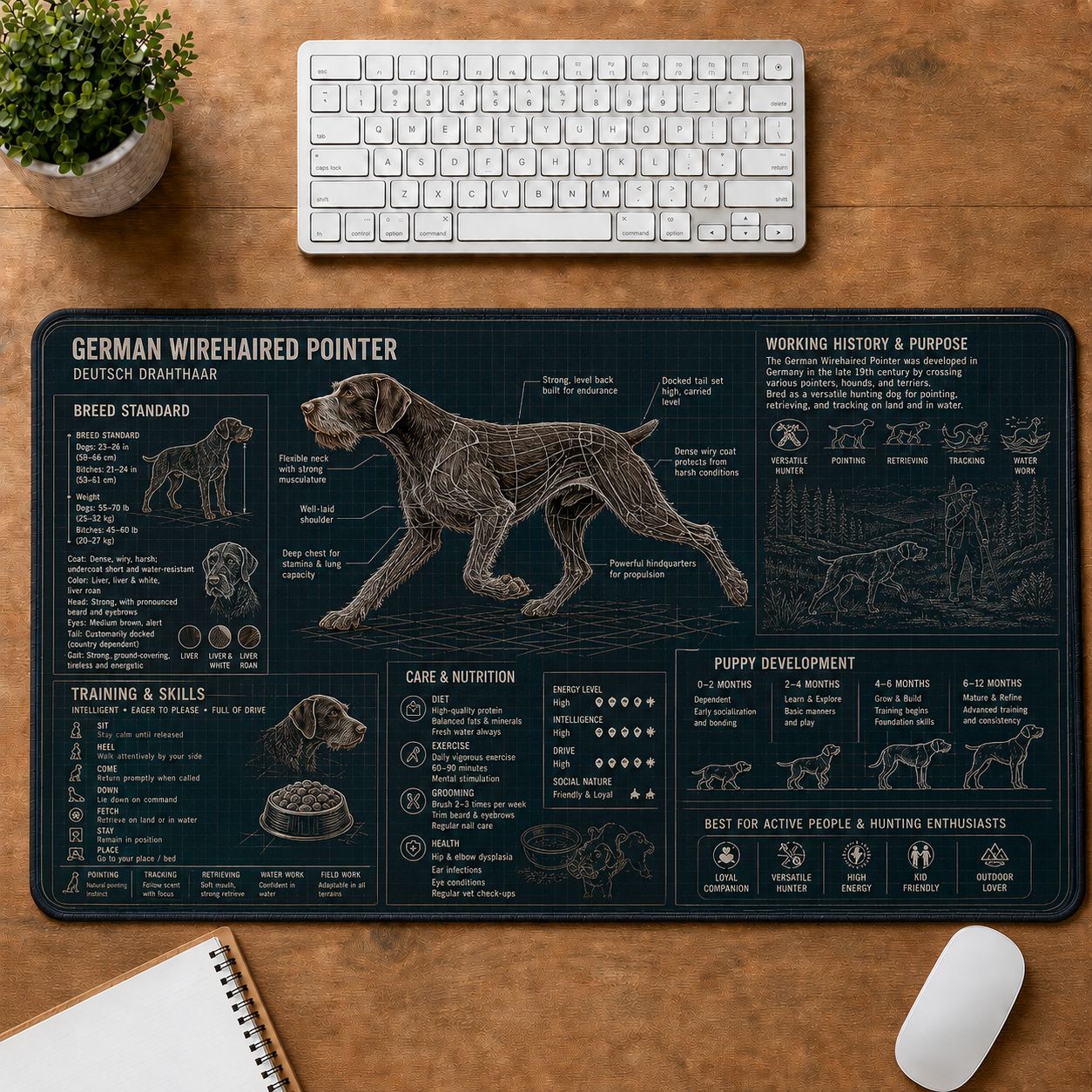 German Wirehaired Pointer Dog Breed Visual Guide Desk Mat | 5To9Vibe