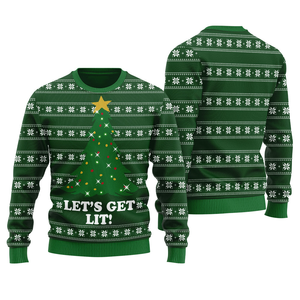 Get Lit Funny Ugly Christmas Sweater Forest Green - Funny Ugly Christmas Sweater