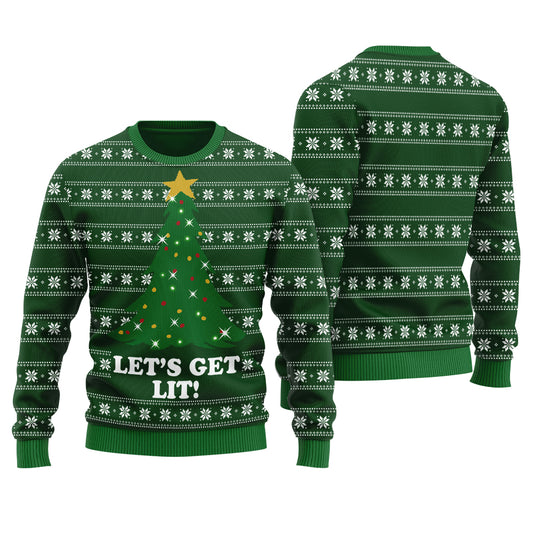 Get Lit Funny Ugly Christmas Sweater Forest Green - Funny Ugly Christmas Sweater
