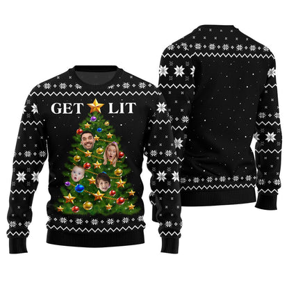 Get Lit Ugly Christmas Sweater Custom Face Family Members