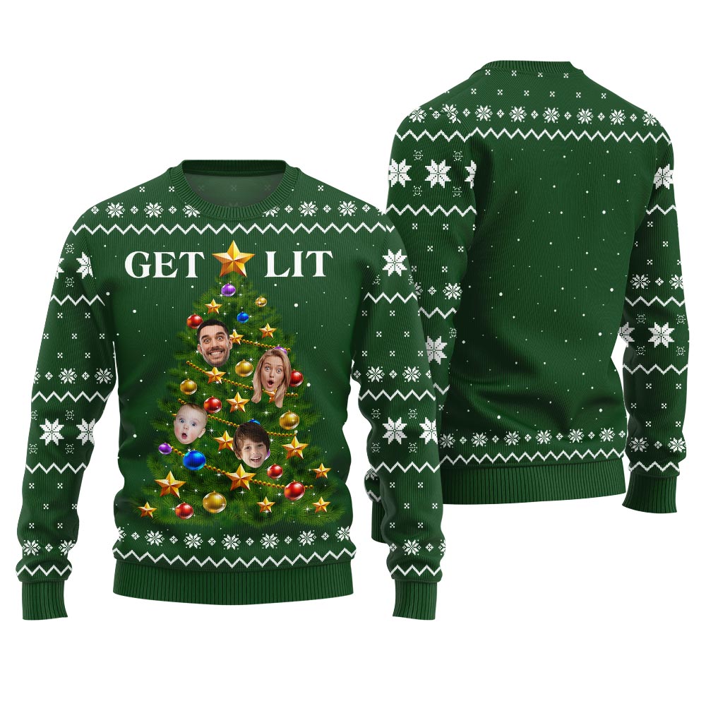 Get Lit Ugly Christmas Sweater Custom Face Family Members