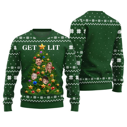 Get Lit Ugly Christmas Sweater Custom Face Family Members