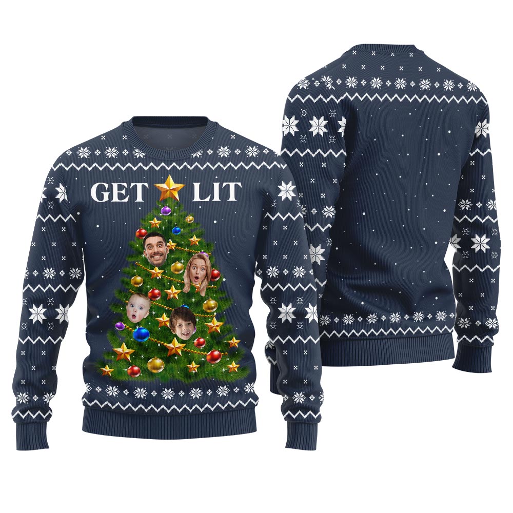 Get Lit Ugly Christmas Sweater Custom Face Family Members
