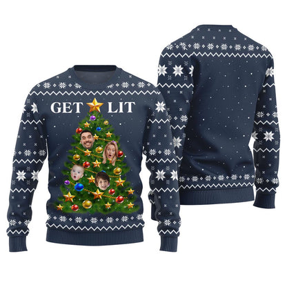 Get Lit Ugly Christmas Sweater Custom Face Family Members