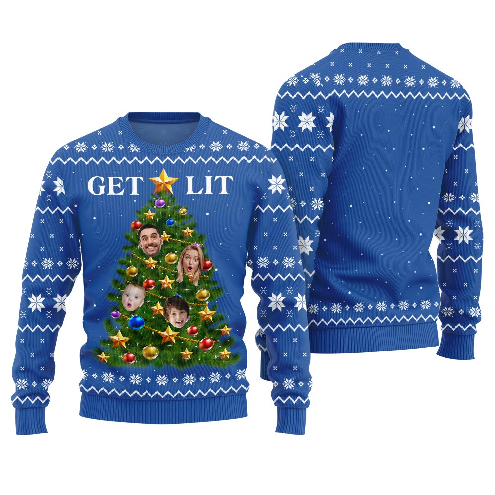 Get Lit Ugly Christmas Sweater Custom Face Family Members