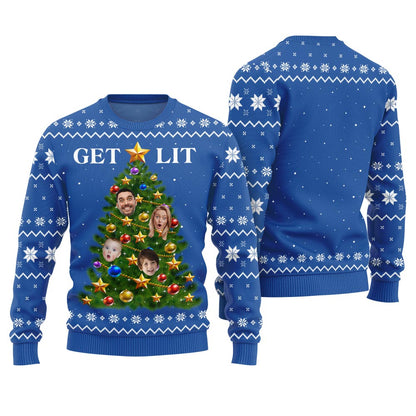 Get Lit Ugly Christmas Sweater Custom Face Family Members