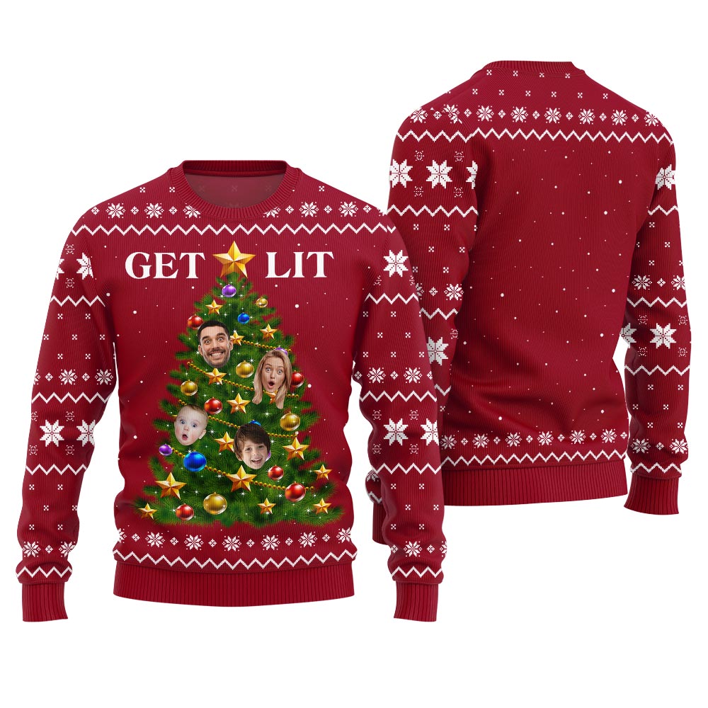 Get Lit Ugly Christmas Sweater Custom Face Family Members