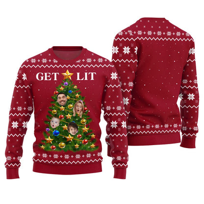 Get Lit Ugly Christmas Sweater Custom Face Family Members