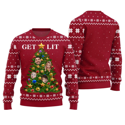 Get Lit Ugly Christmas Sweater Custom Face Family Members