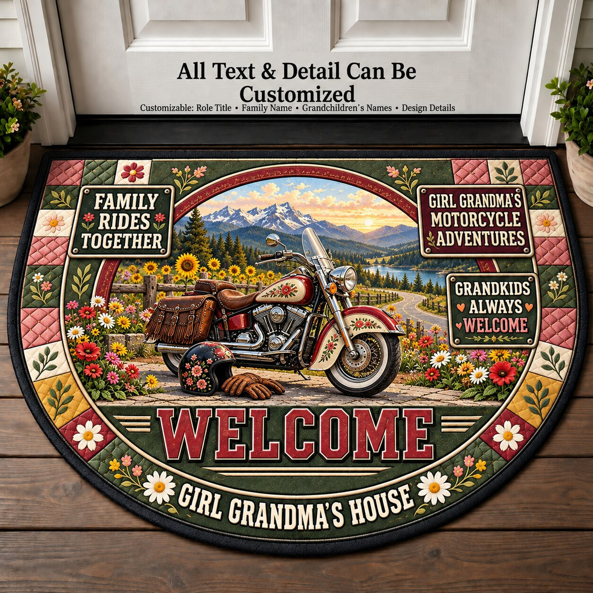 Girl Grandma's Motorcycle Adventures Personalized Half Round Mat | 5To9Vibe