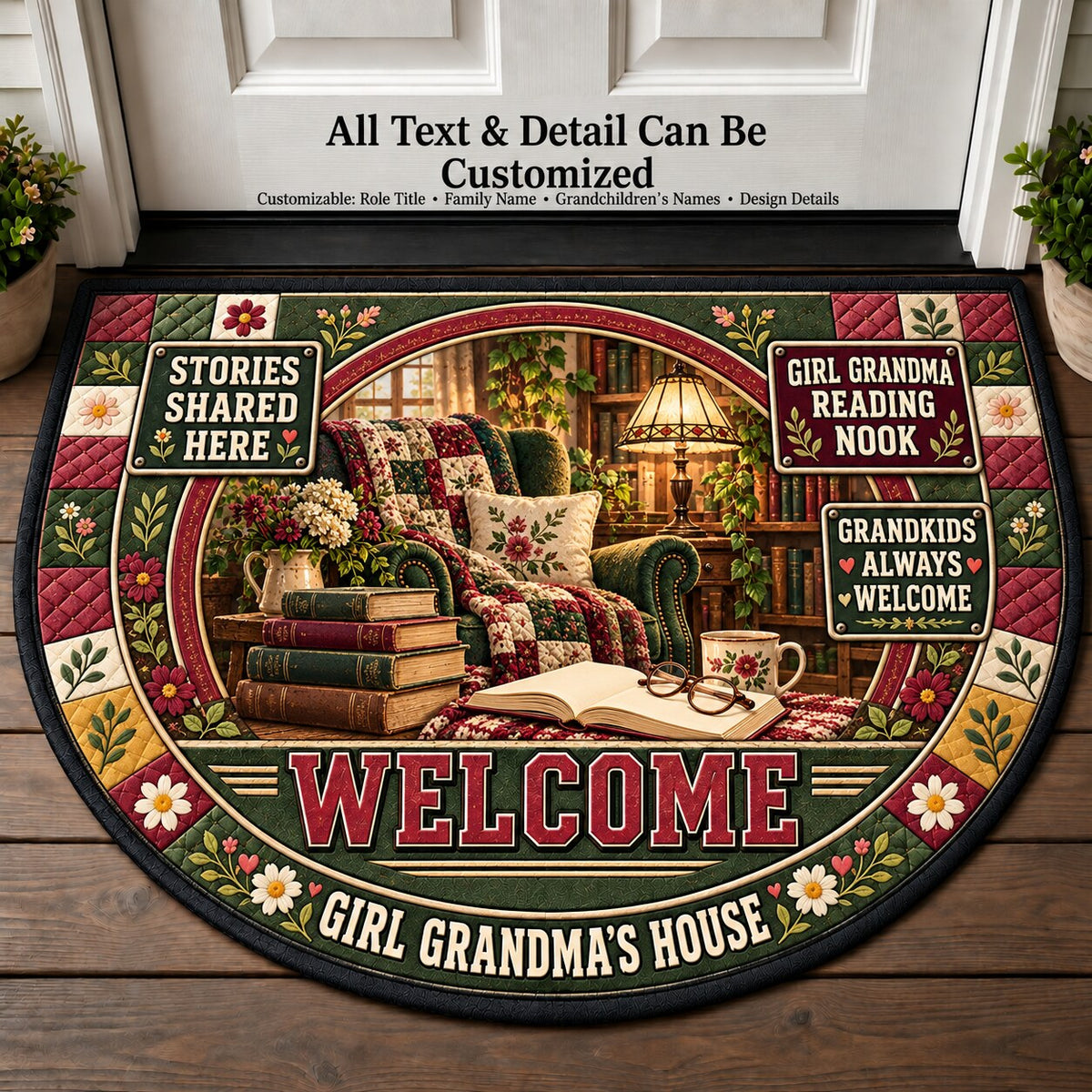 Girl Grandma's Reading Nook Personalized Half Round Mat | 5To9Vibe