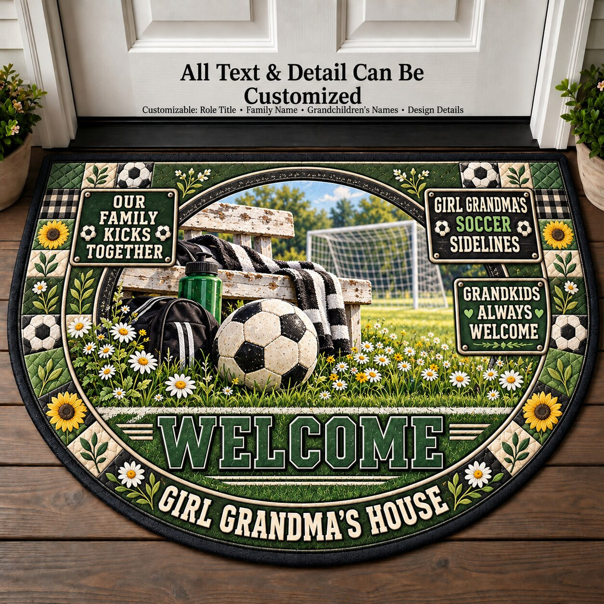 Girl Grandma's Soccer Sidelines Personalized Half Round Mat | 5To9Vibe
