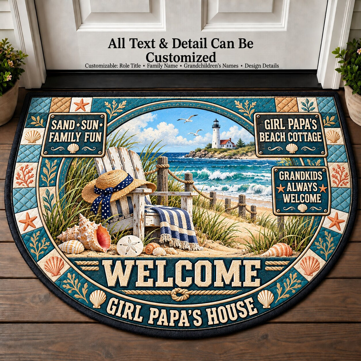 Girl Papa's Beach Cottage Personalized Half Round Mat | 5To9Vibe