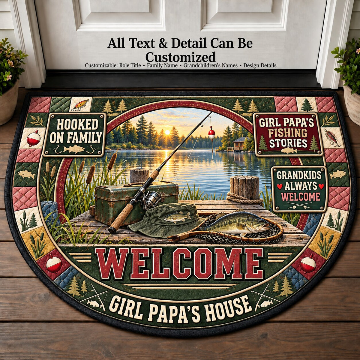 Girl Papa's Fishing Stories Personalized Half Round Mat | 5To9Vibe
