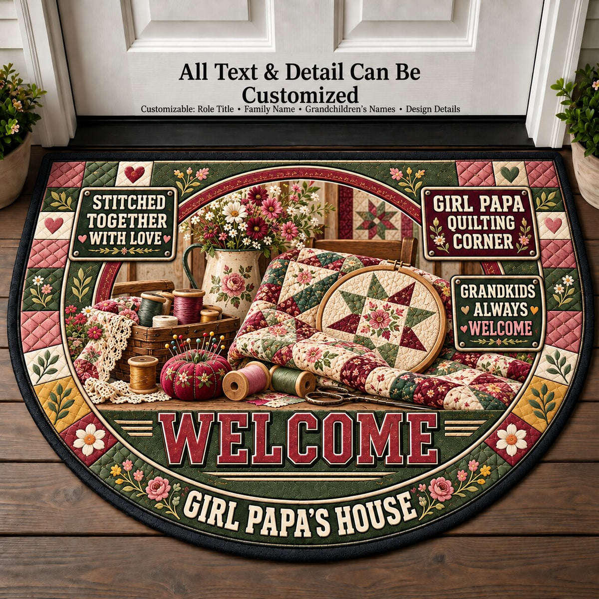 Girl Papa's Quilting Corner Personalized Half Round Mat | 5To9Vibe