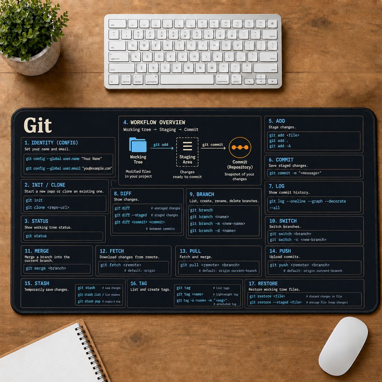 Git Cheat Sheet Quick Reference Guide Desk Mat | 5To9Vibe
