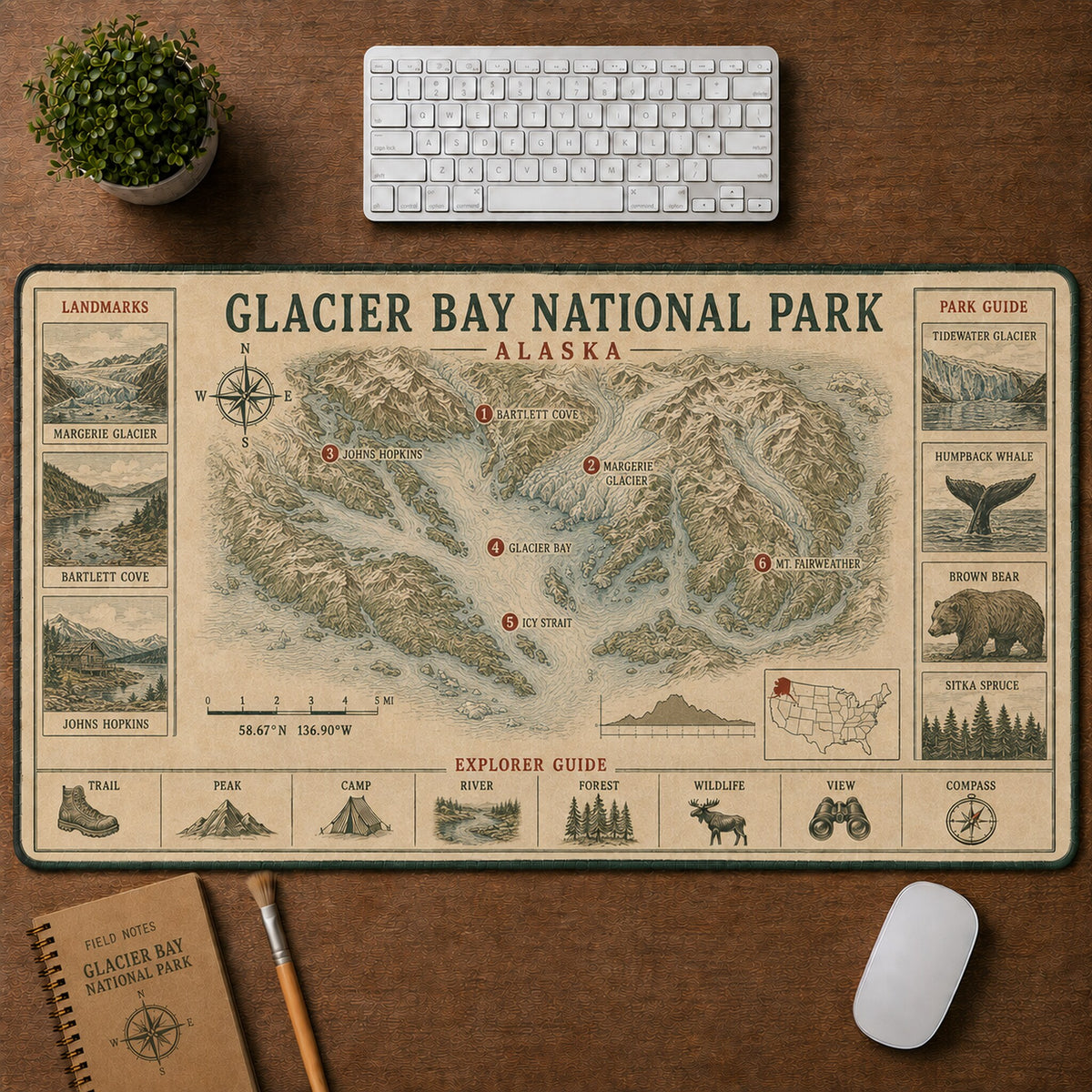 Glacier Bay National Park Vintage Topographic Park Map Explorer Guide Desk Mat | 5To9Vibe