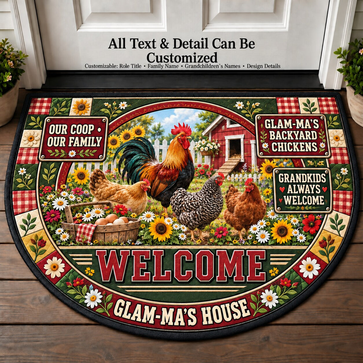 Glam-Ma's Backyard Chickens Personalized Half Round Mat | 5To9Vibe