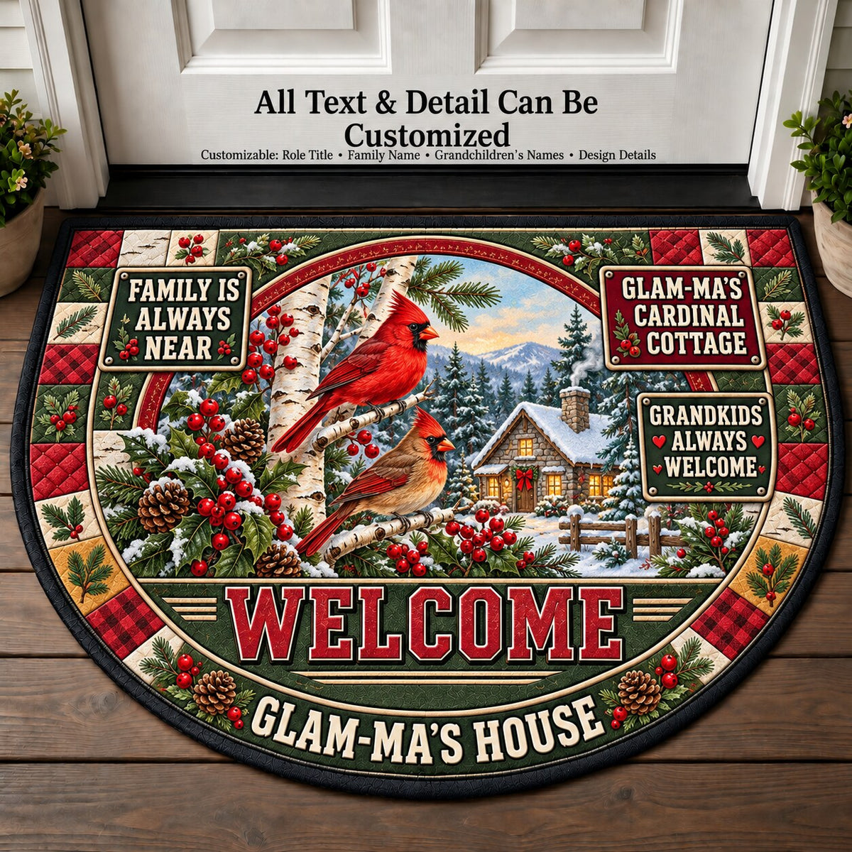 Glam-Ma's Cardinal Cottage Personalized Half Round Mat | 5To9Vibe