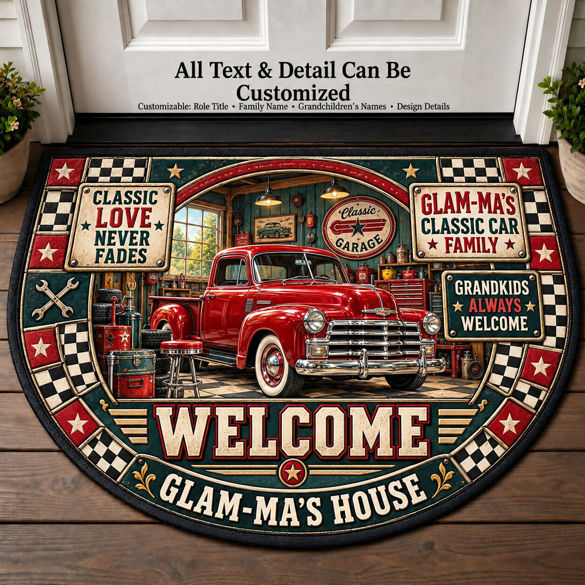 Glam-Ma's Classic Car Family Personalized Half Round Mat | 5To9Vibe