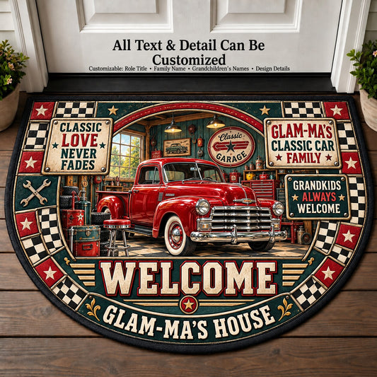 Glam-Ma's Classic Car Family Personalized Half Round Mat | 5To9Vibe