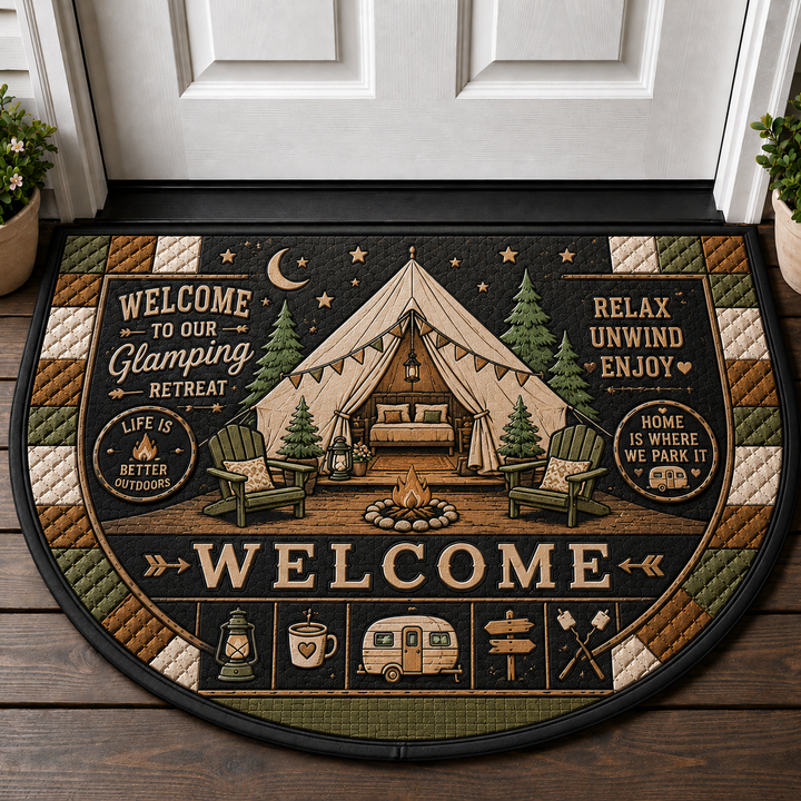 Welcome To Our Glamping Retreat Doormat - Canvas Tent Outdoor Welcome Mat - 5to9vibe