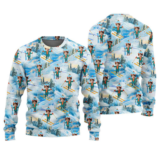 Go Skiing With Kids Custom Face Ugly Christmas Sweater Baby Blue