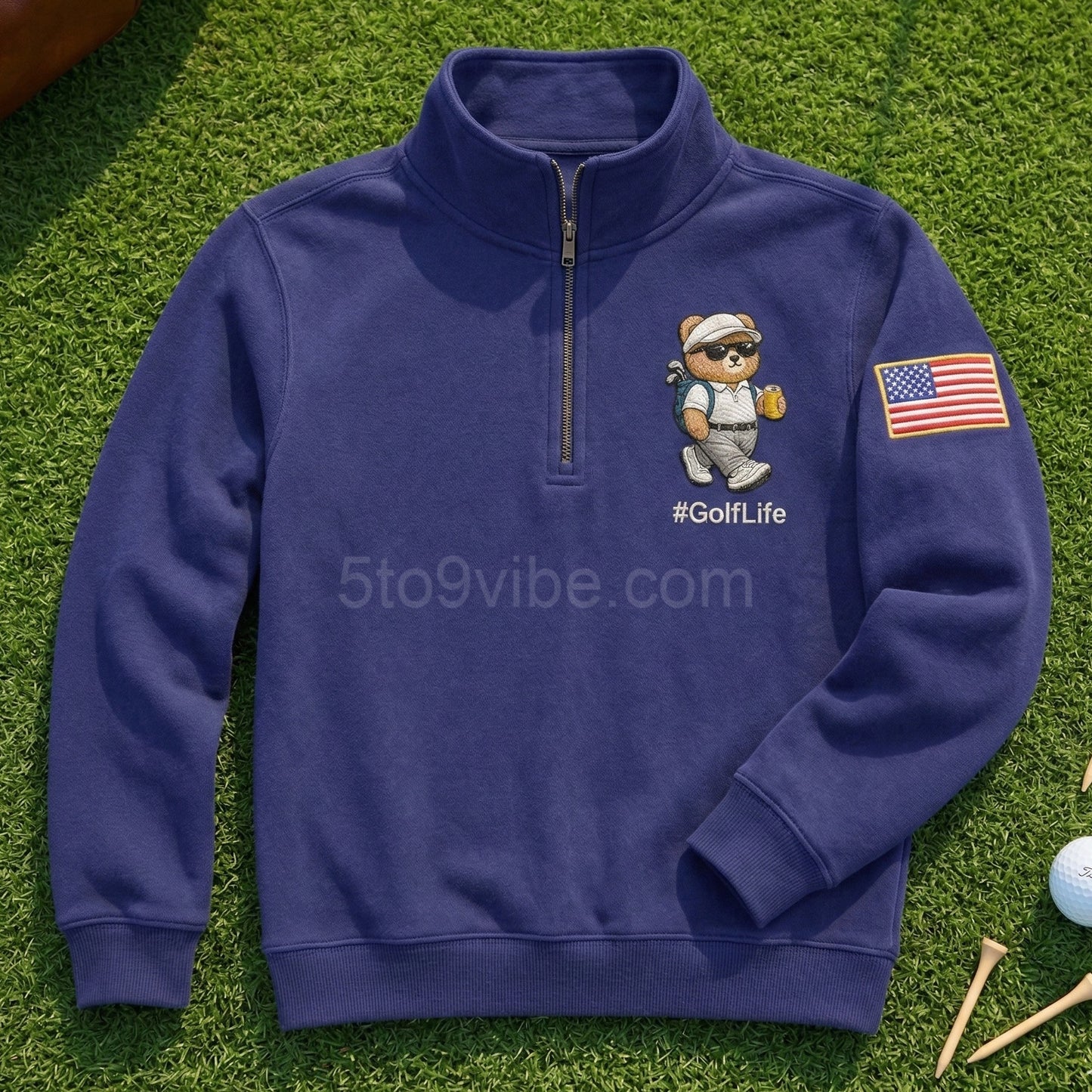 Golf Embroidered Quarter Zip Sweatshirt, Funny Golf Life Bear Pullover, Men's Casual Zip Up Jacket, Gift for Golf Lover Dad