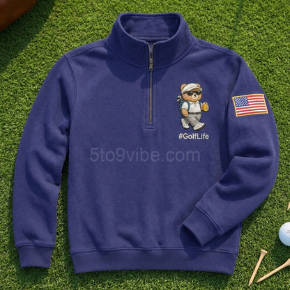 Golf Embroidered Quarter Zip Sweatshirt, Funny Golf Life Bear Pullover, Men's Casual Zip Up Jacket, Gift for Golf Lover Dad