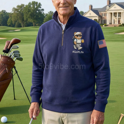 Golf Embroidered Quarter Zip Sweatshirt, Funny Golf Life Bear Pullover, Men's Casual Zip Up Jacket, Gift for Golf Lover Dad