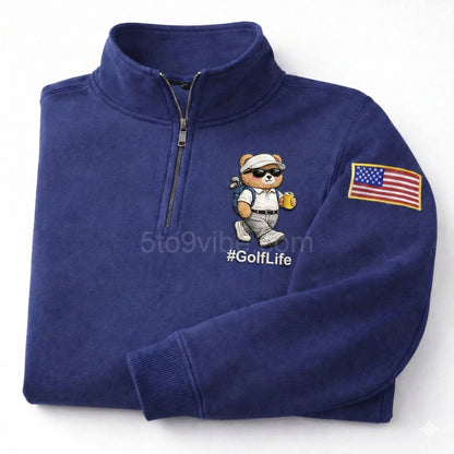 Golf Embroidered Quarter Zip Sweatshirt, Funny Golf Life Bear Pullover, Men's Casual Zip Up Jacket, Gift for Golf Lover Dad