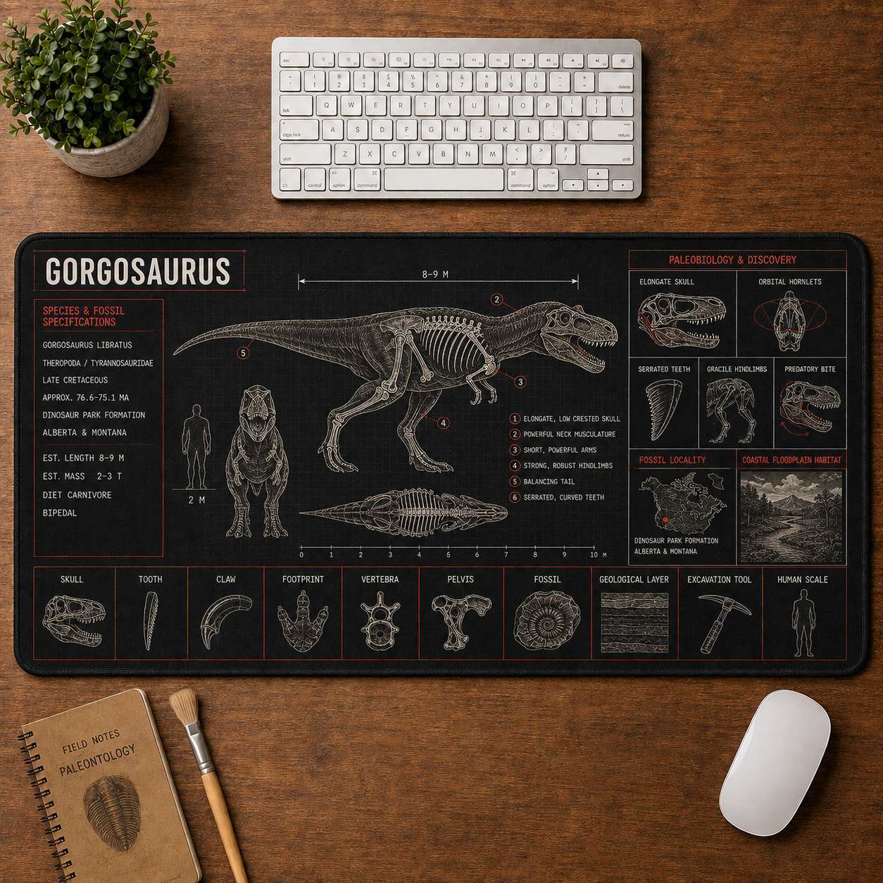 Gorgosaurus Dinosaur Blueprint Desk Mat | 5To9Vibe