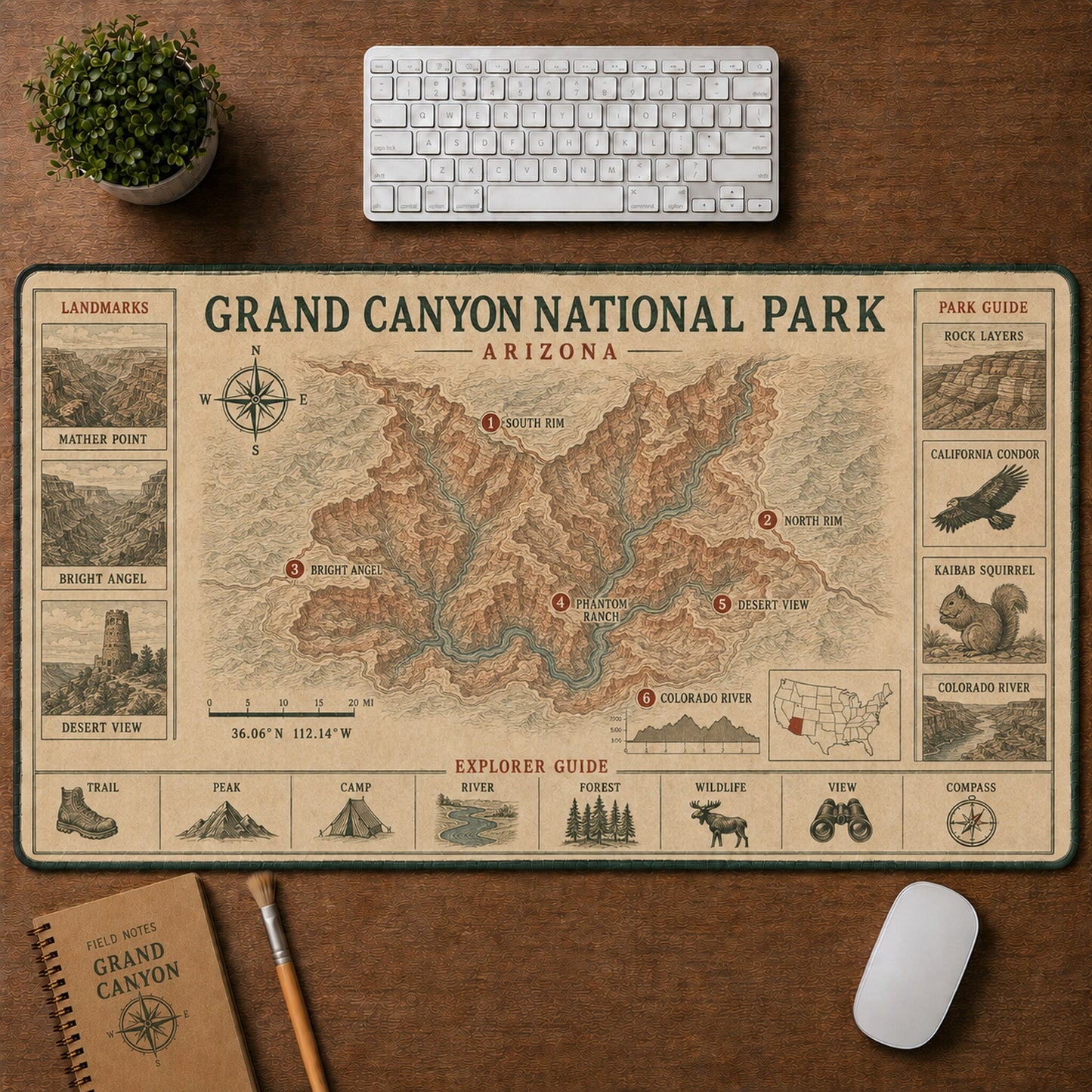 Grand Canyon National Park Vintage Topographic Park Map Explorer Guide Desk Mat | 5To9Vibe