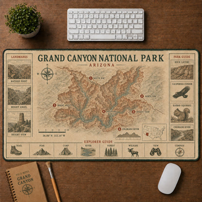 Grand Canyon National Park Vintage Topographic Park Map Explorer Guide Desk Mat | 5To9Vibe