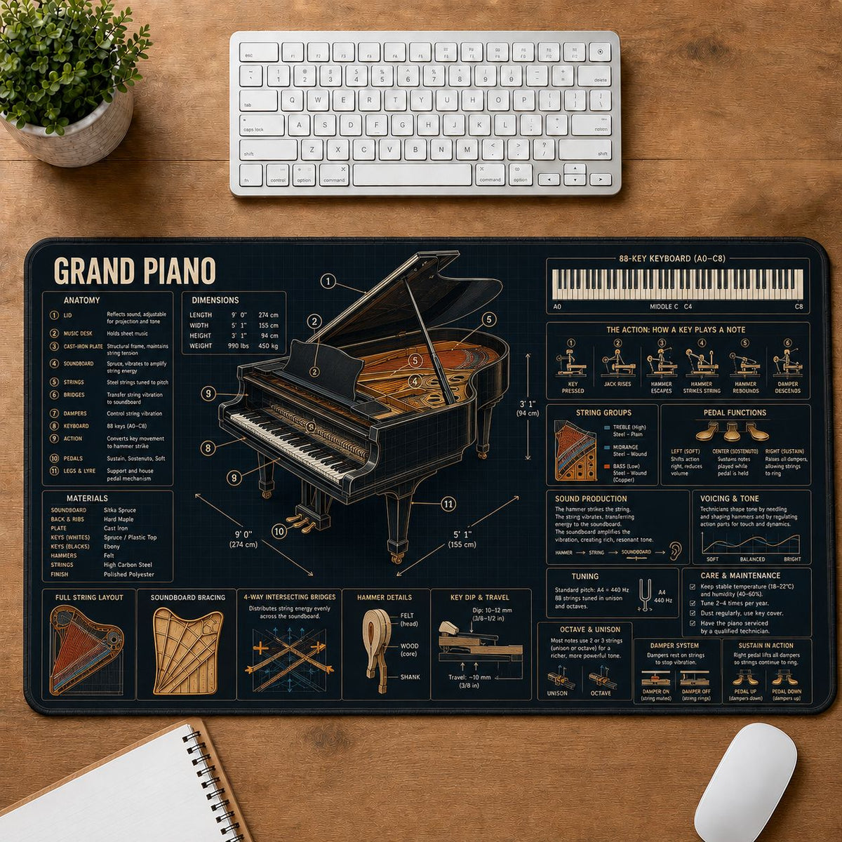 Grand Piano Musical Instrument Blueprint Guide Desk Mat | 5To9Vibe