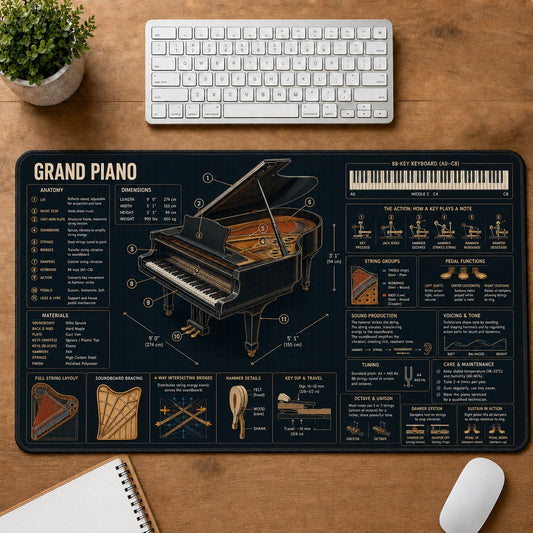 Grand Piano Musical Instrument Blueprint Guide Desk Mat | 5To9Vibe