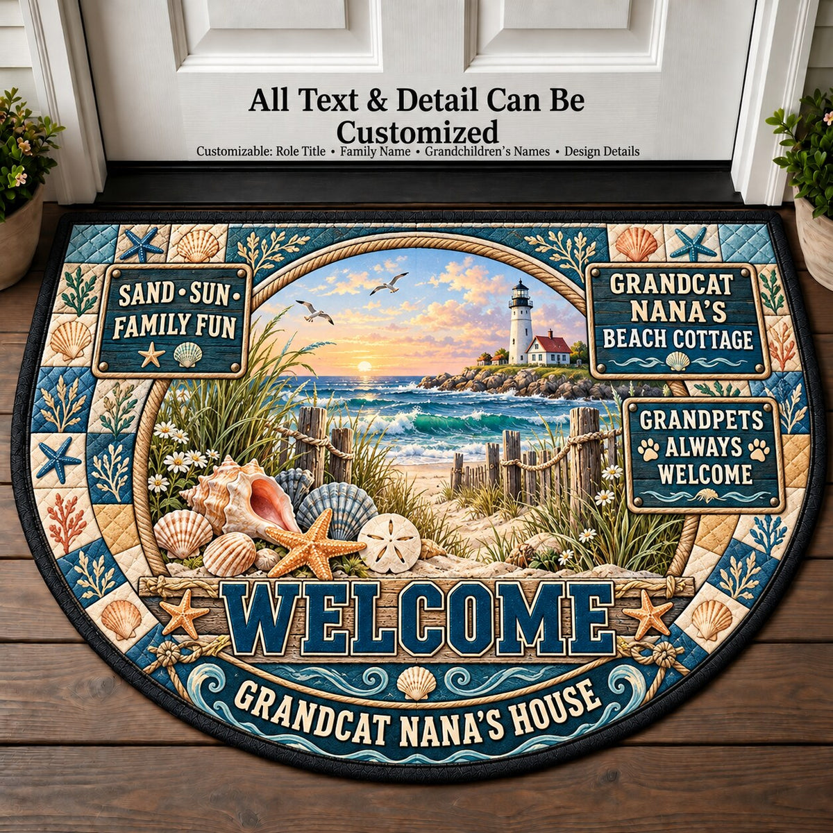 Grandcat Nana's Beach Cottage Personalized Half Round Mat | 5To9Vibe