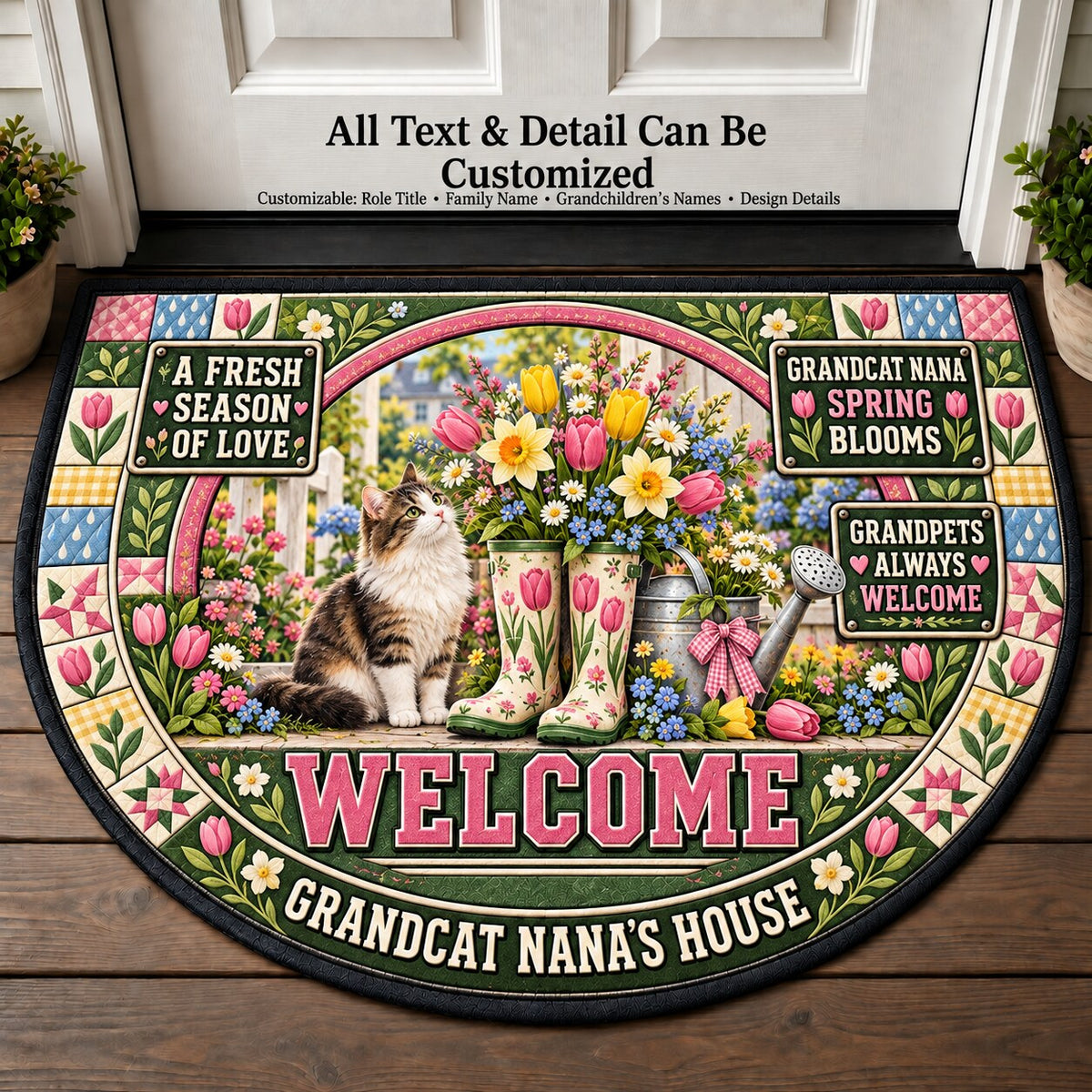Grandcat Nana's Spring Blooms Personalized Half Round Mat | 5To9Vibe