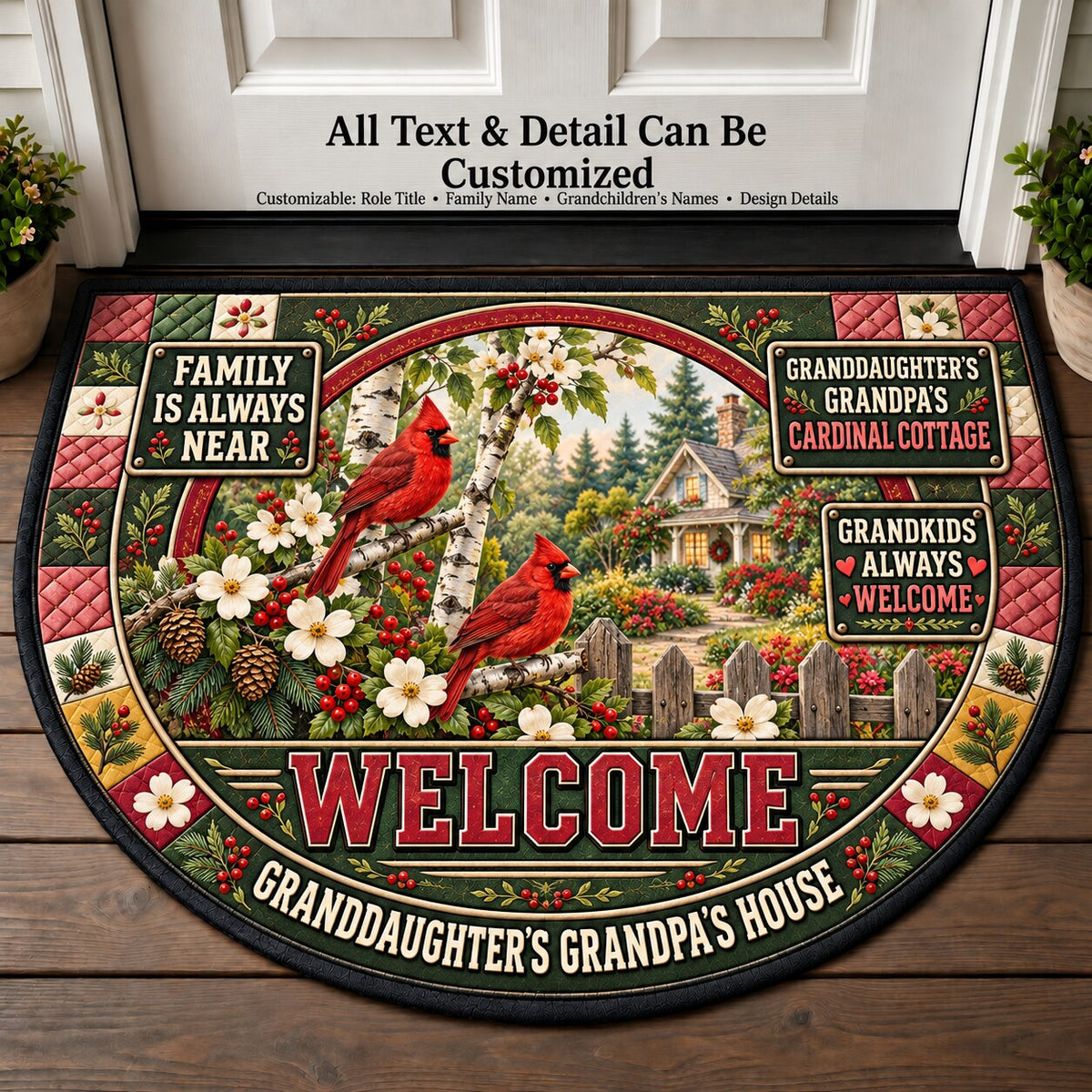 Granddaughter's Grandpa's Cardinal Cottage Personalized Half Round Mat | 5To9Vibe