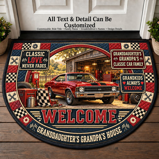 Granddaughter's Grandpa's Classic Car Family Personalized Half Round Mat | 5To9Vibe