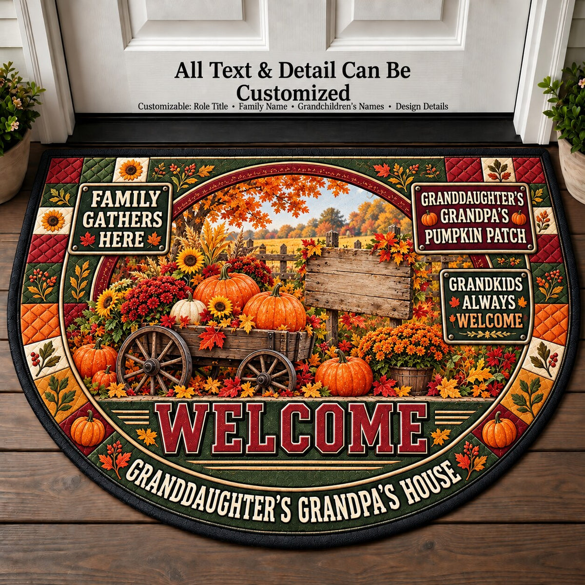 Granddaughter's Grandpa's Pumpkin Patch Personalized Half Round Mat | 5To9Vibe