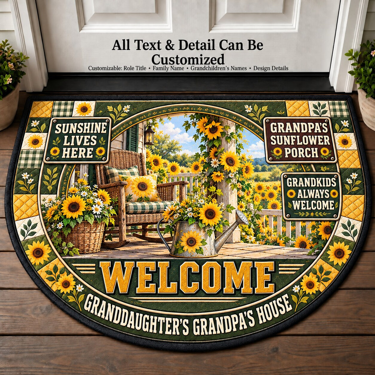 Granddaughter's Grandpa's Sunflower Porch Personalized Half Round Mat | 5To9Vibe