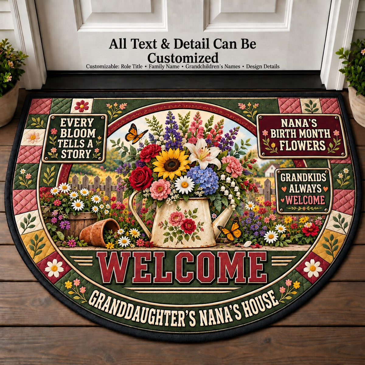 Granddaughter's Nana's Birth Month Flowers Personalized Half Round Mat | 5To9Vibe