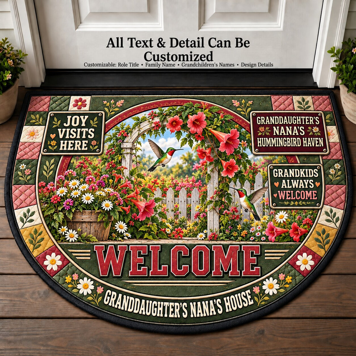 Granddaughter's Nana's Hummingbird Haven Personalized Half Round Mat | 5To9Vibe