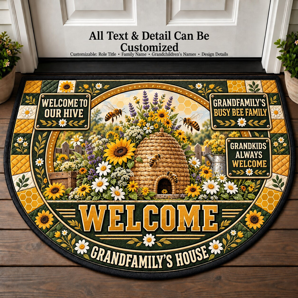 Grandfamily's Busy Bee Family Personalized Half Round Mat | 5To9Vibe