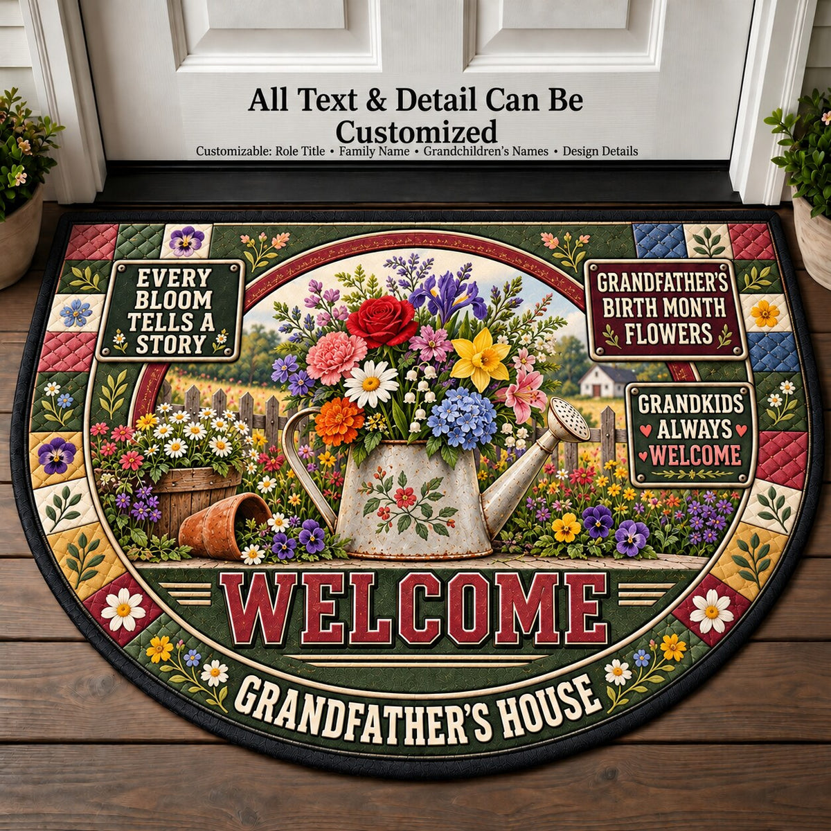 Grandfather's Birth Month Flowers Personalized Half Round Mat | 5To9Vibe